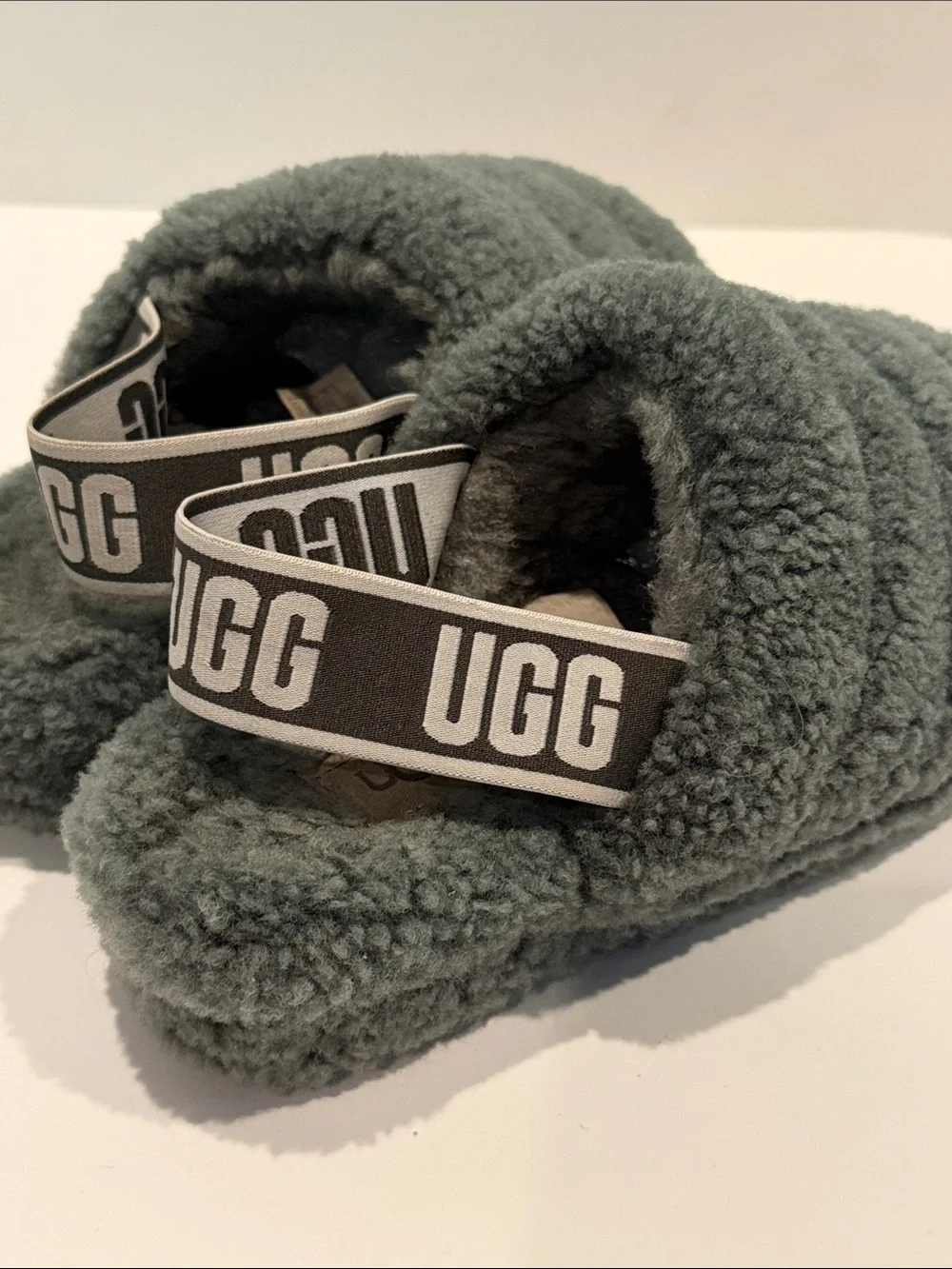 UGG Charcoal Fluff Yeah Cozy Slippers Slides with Branded Slingback sz 3 5 women